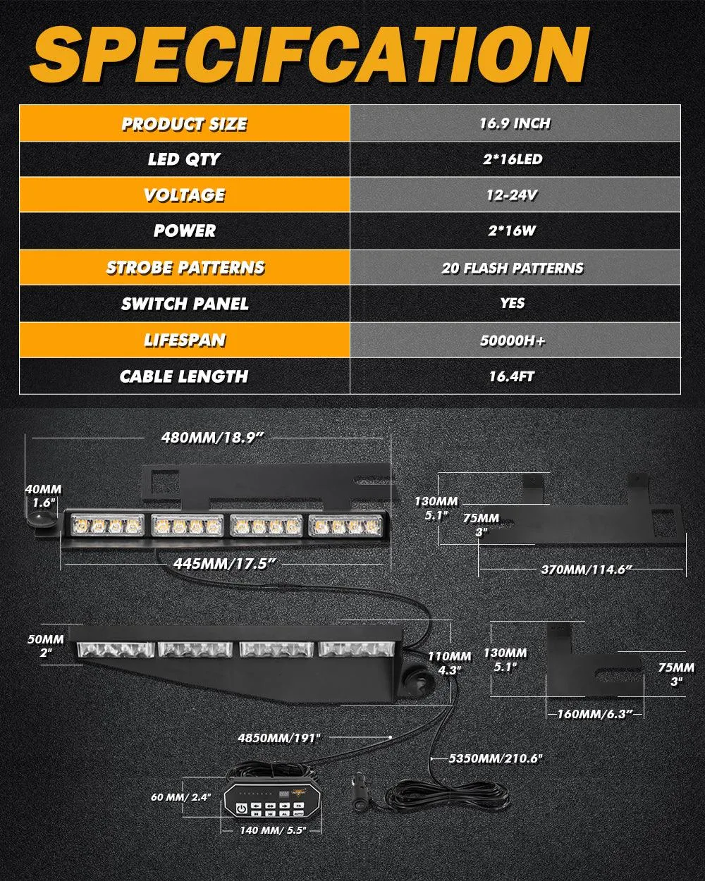17 Inch Dual Visor Amber Strobe Light Bar 20 Flashing Patterns with Controller Switch Panel for Vehicles Trucks SUV ATV Car