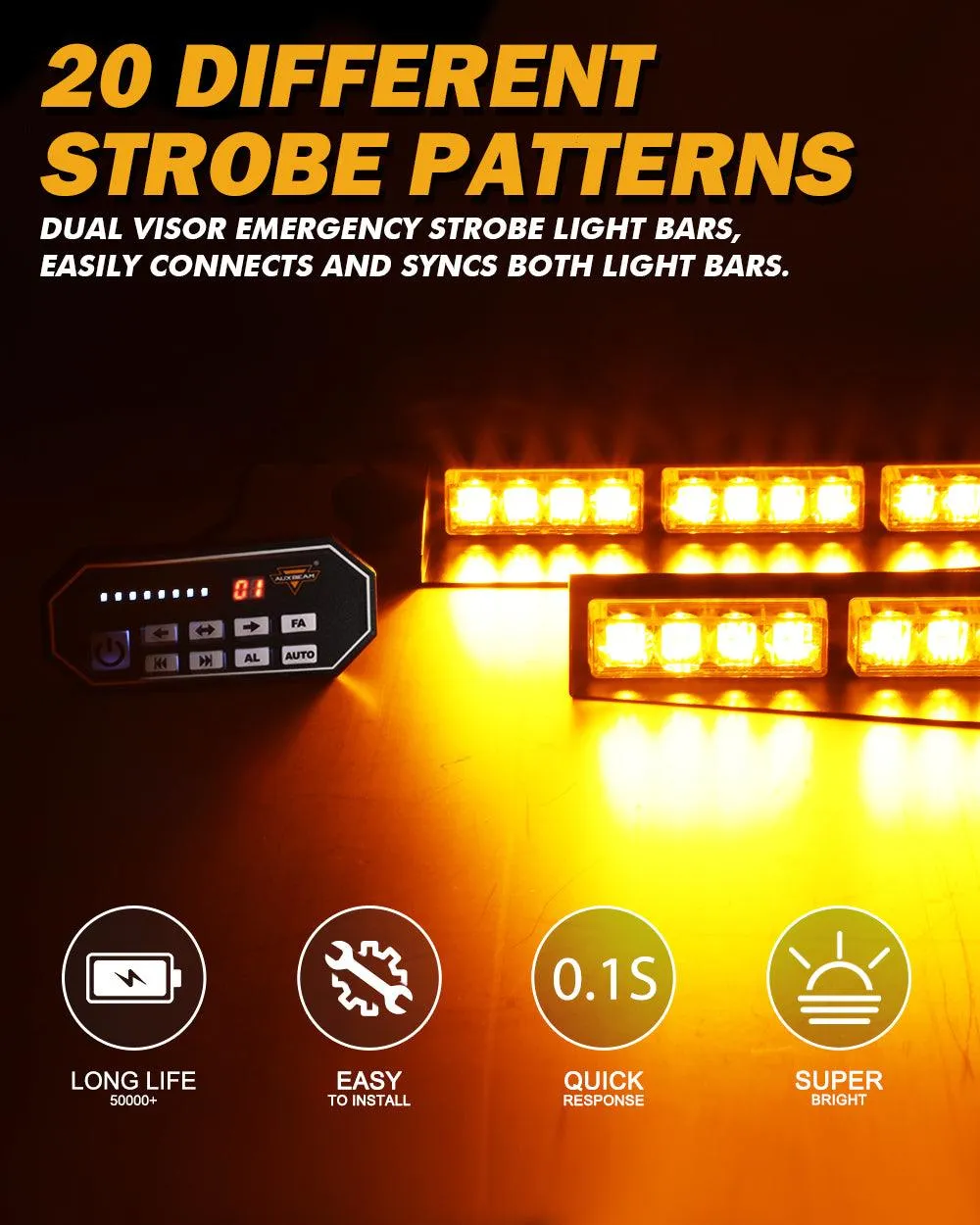 17 Inch Dual Visor Amber Strobe Light Bar 20 Flashing Patterns with Controller Switch Panel for Vehicles Trucks SUV ATV Car