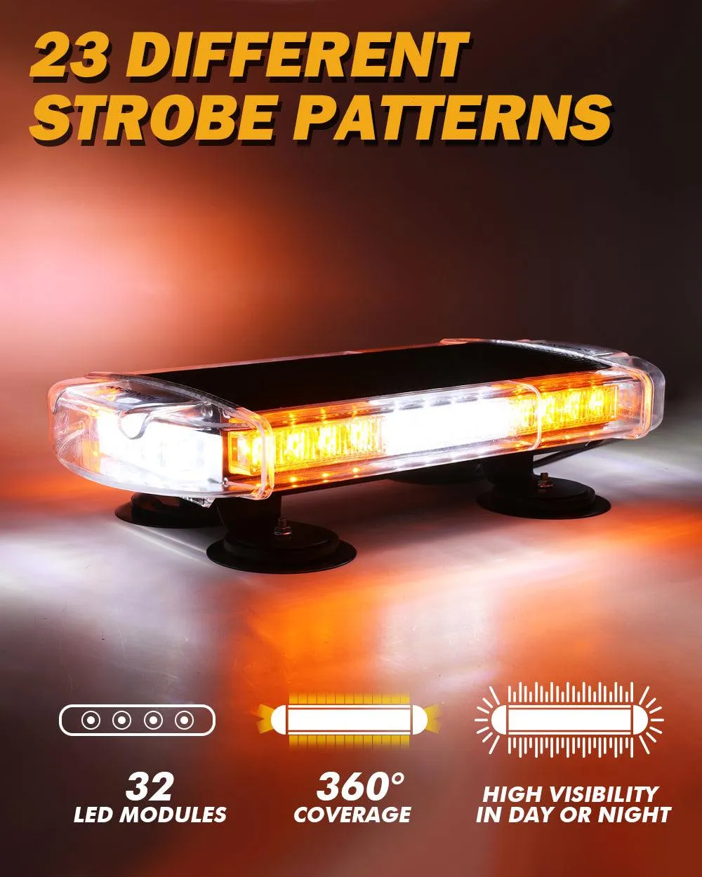 17" Rooftop Strobe Flashing Light Bar, 23 Flashing Modes Magnetic Mount Emergency Safety Warning Caution Beacon Lights