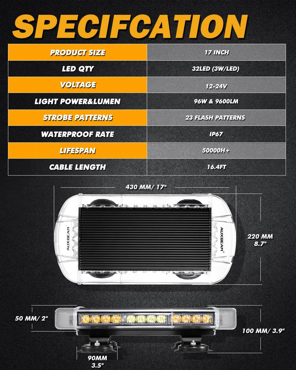 17" Rooftop Strobe Flashing Light Bar, 23 Flashing Modes Magnetic Mount Emergency Safety Warning Caution Beacon Lights