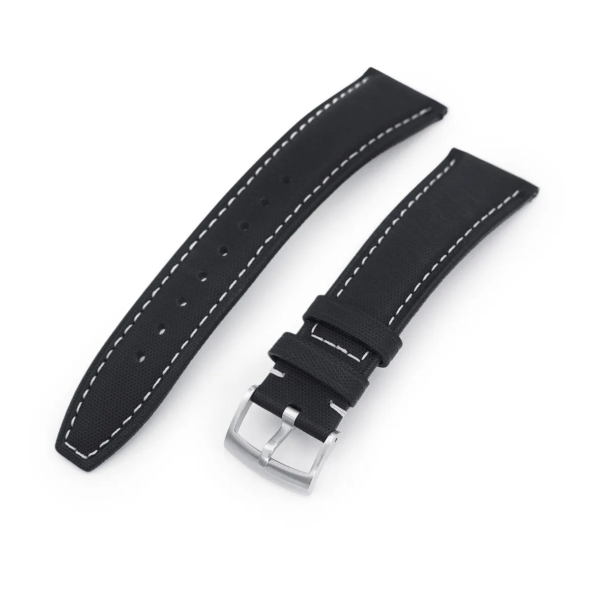 20mm or 22mm Black Woven Texture Watch Strap, Beige Stitching, Brushed