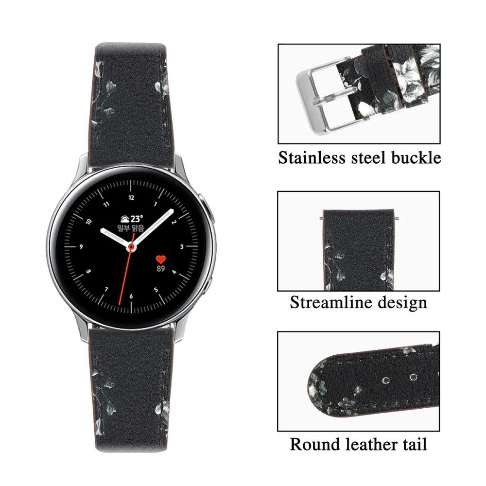 20mm Universal cowhide genuine leather watch strap - Black / White Flower