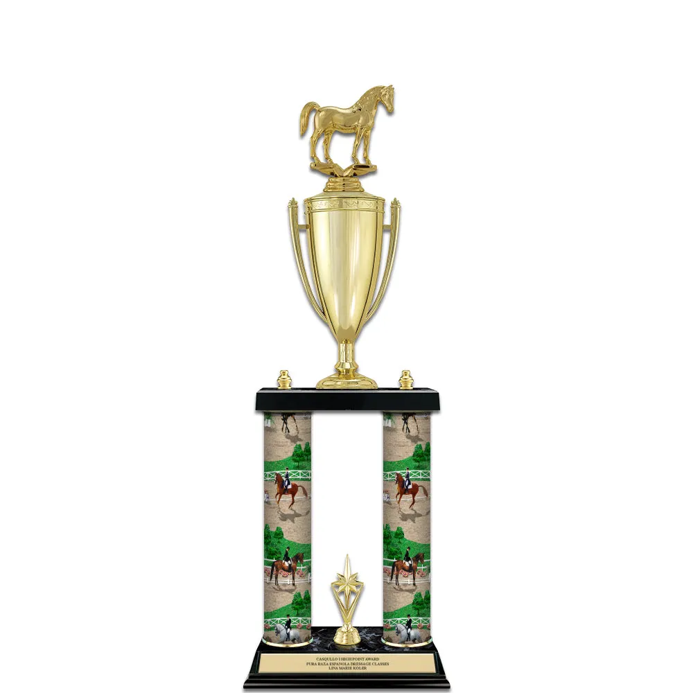 22" Custom 2 Column Black Marble Base Award Trophy With Loving Cup & Trim