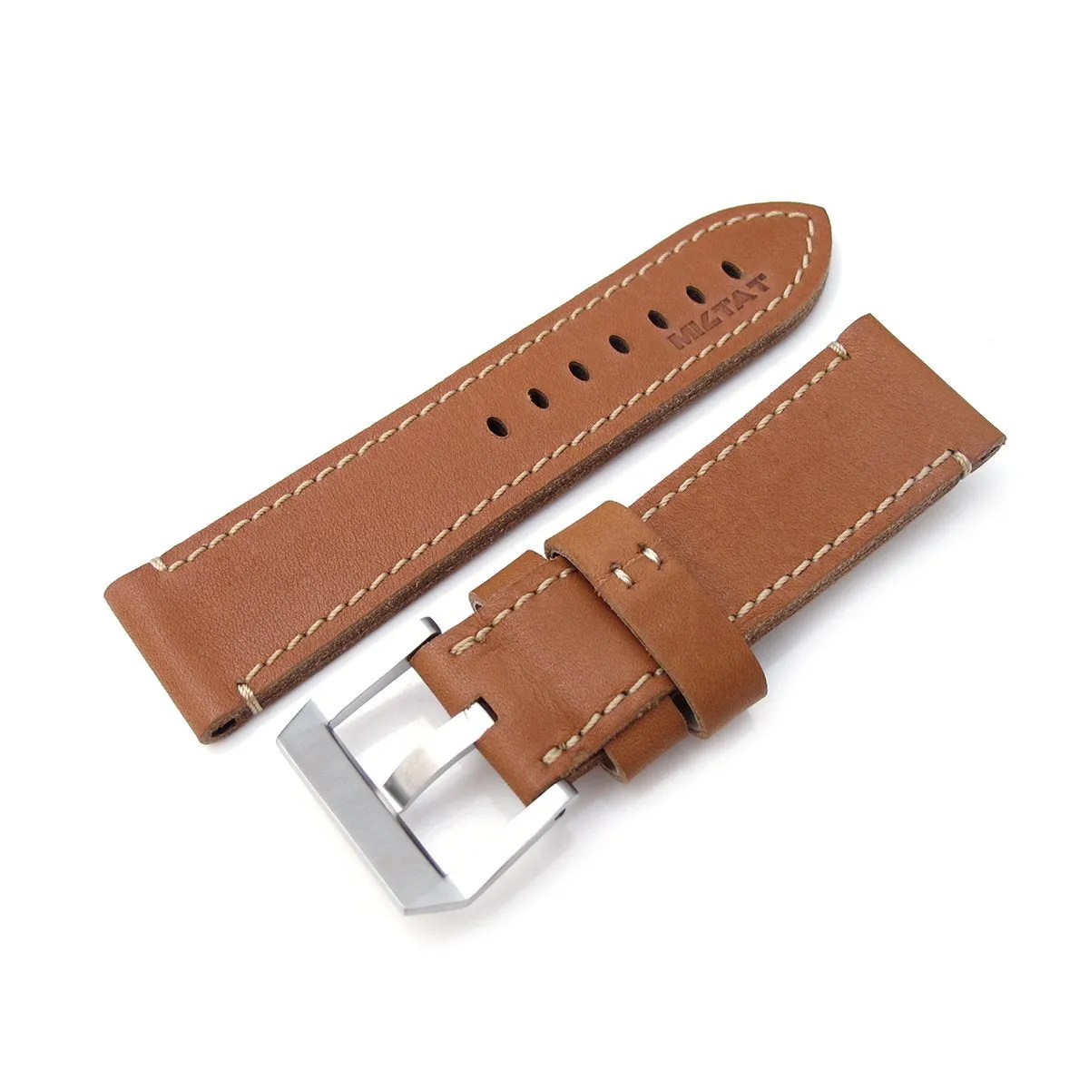 26mm MiLTAT Cashmere Calf Tan Color Watch Strap, Beige Hand Stitching