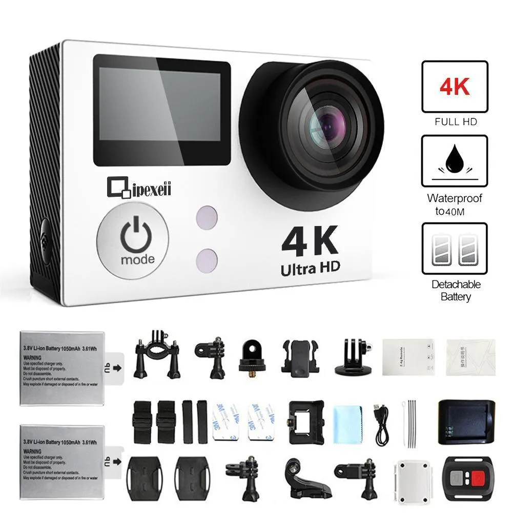 4k Wifi Sports Action Camera with Waterproof Case Double Screen Sensor 170° Wide Angle (Silver)