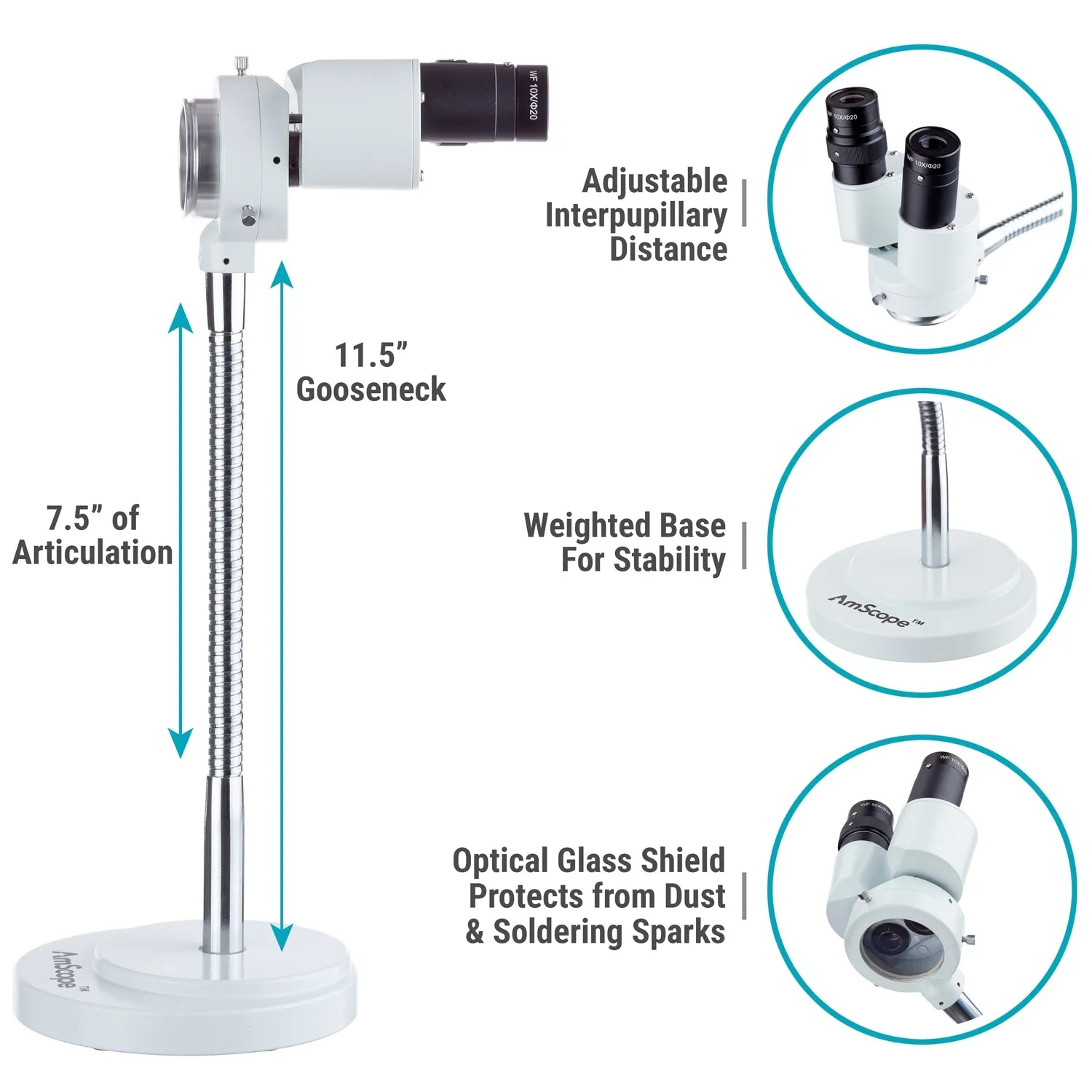 AmScope SE508 Series Binocular Stereo Microscope 8x Magnification on Rotatable Gooseneck Arm