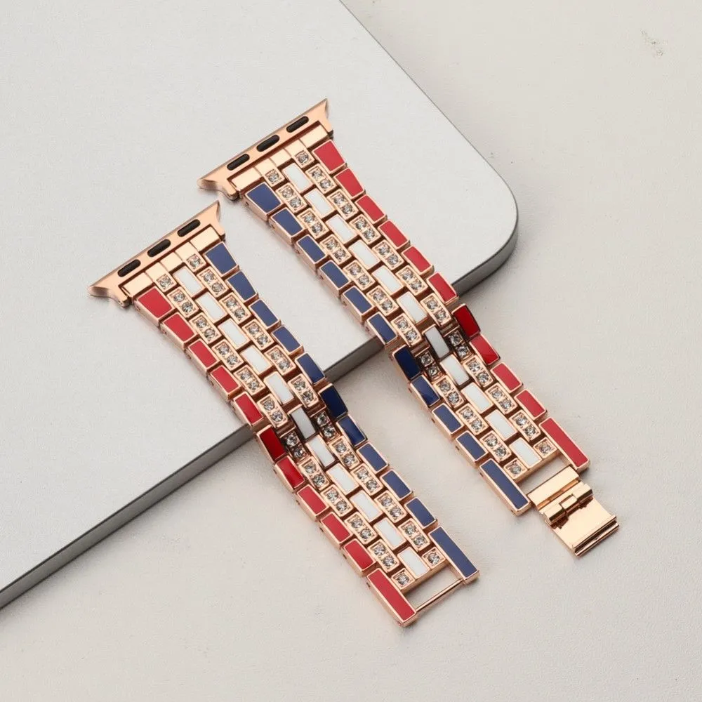 Apple Watch (45mm) rhinestone flag style watch strap - Red / Blue / Rose Gold