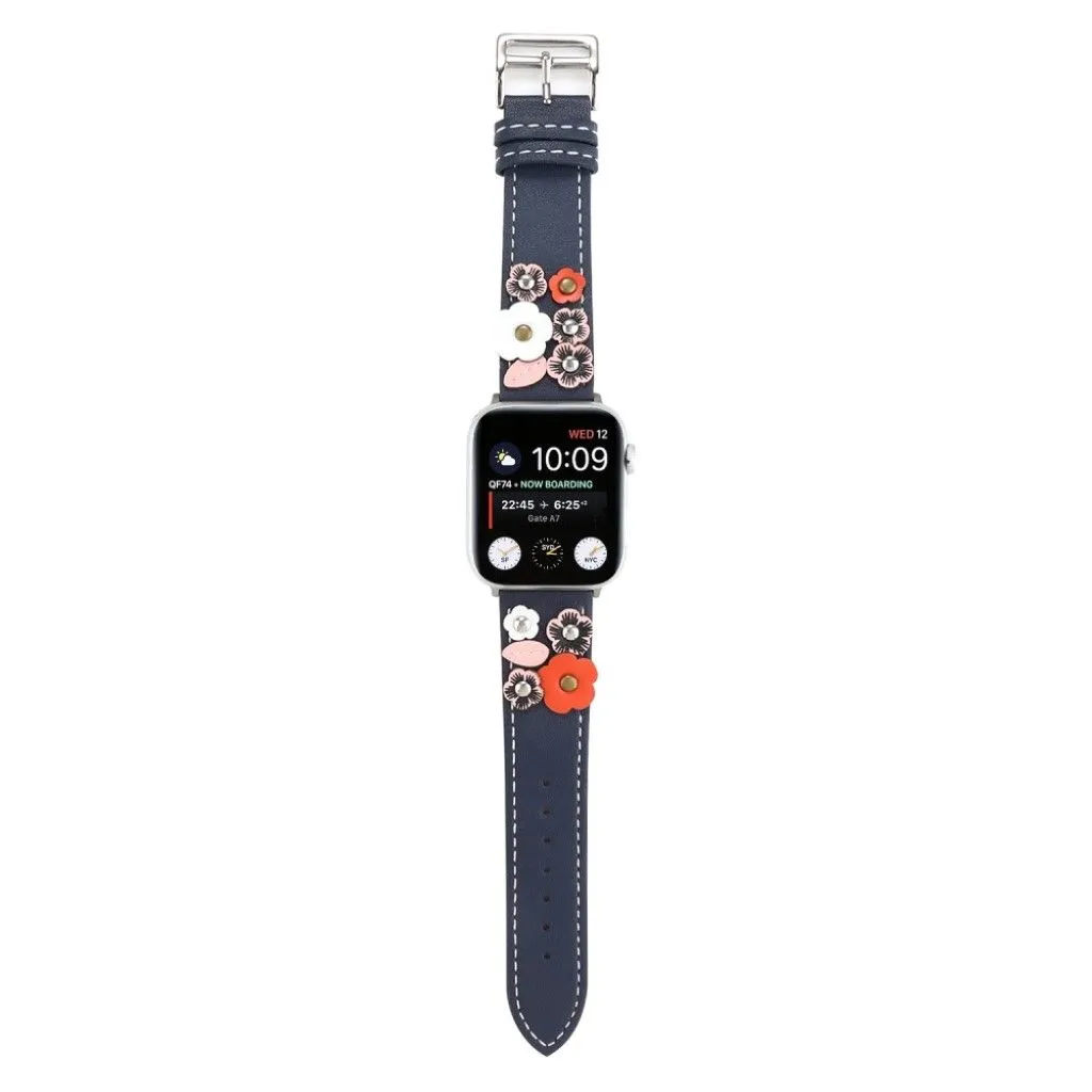 Apple Watch Series 5 40mm flower décor genuine leather watch band - Dark Blue