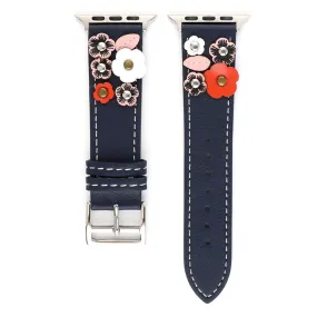 Apple Watch Series 5 40mm flower décor genuine leather watch band - Dark Blue