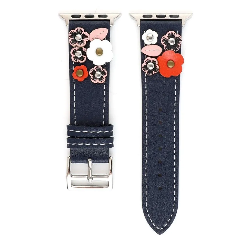 Apple Watch Series 5 40mm flower décor genuine leather watch band - Dark Blue