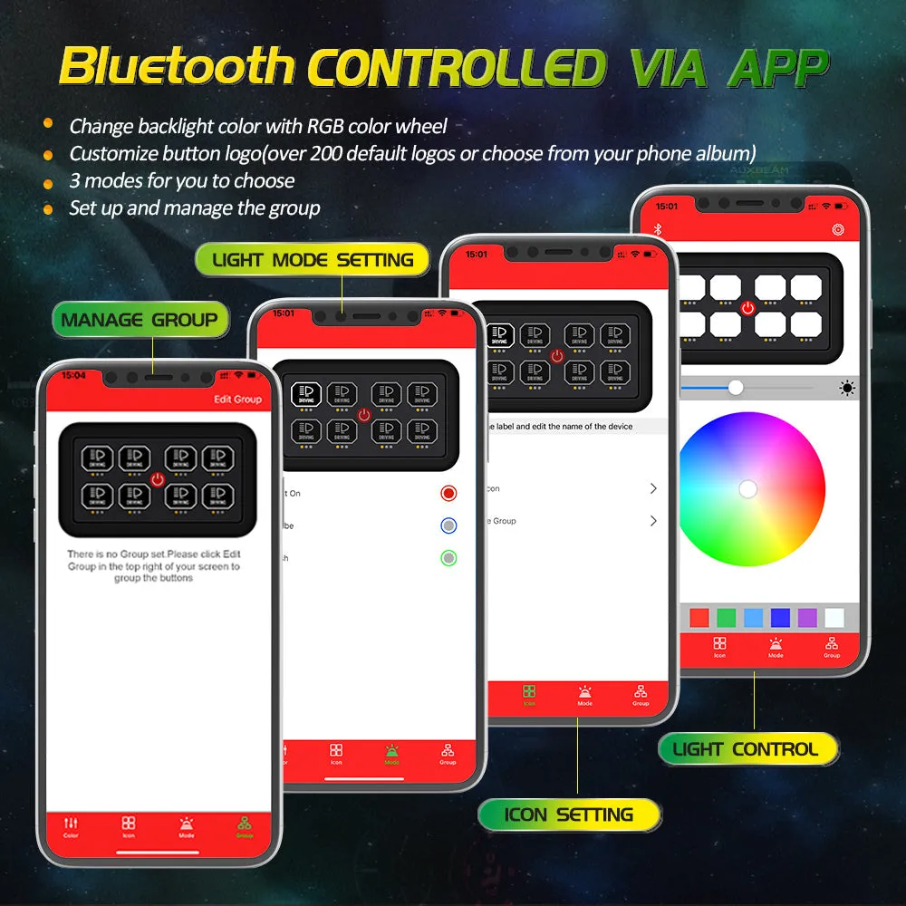 AR-800 RGB Switch Panel with APP 12 Inch 5D-PRO LED Light Bar, Toggle/ Momentary/ Pulsed Mode Supported