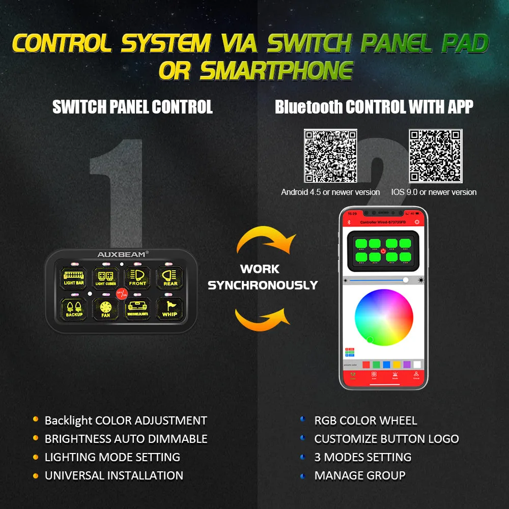 AR-800 RGB Switch Panel with APP 12 Inch 5D-PRO LED Light Bar, Toggle/ Momentary/ Pulsed Mode Supported