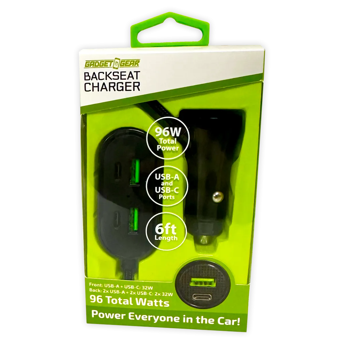 Backseat Car Charger 6 Port USB / USB-C 6FT 96 Watts - 6 Pieces Per Retail Ready Display 24695