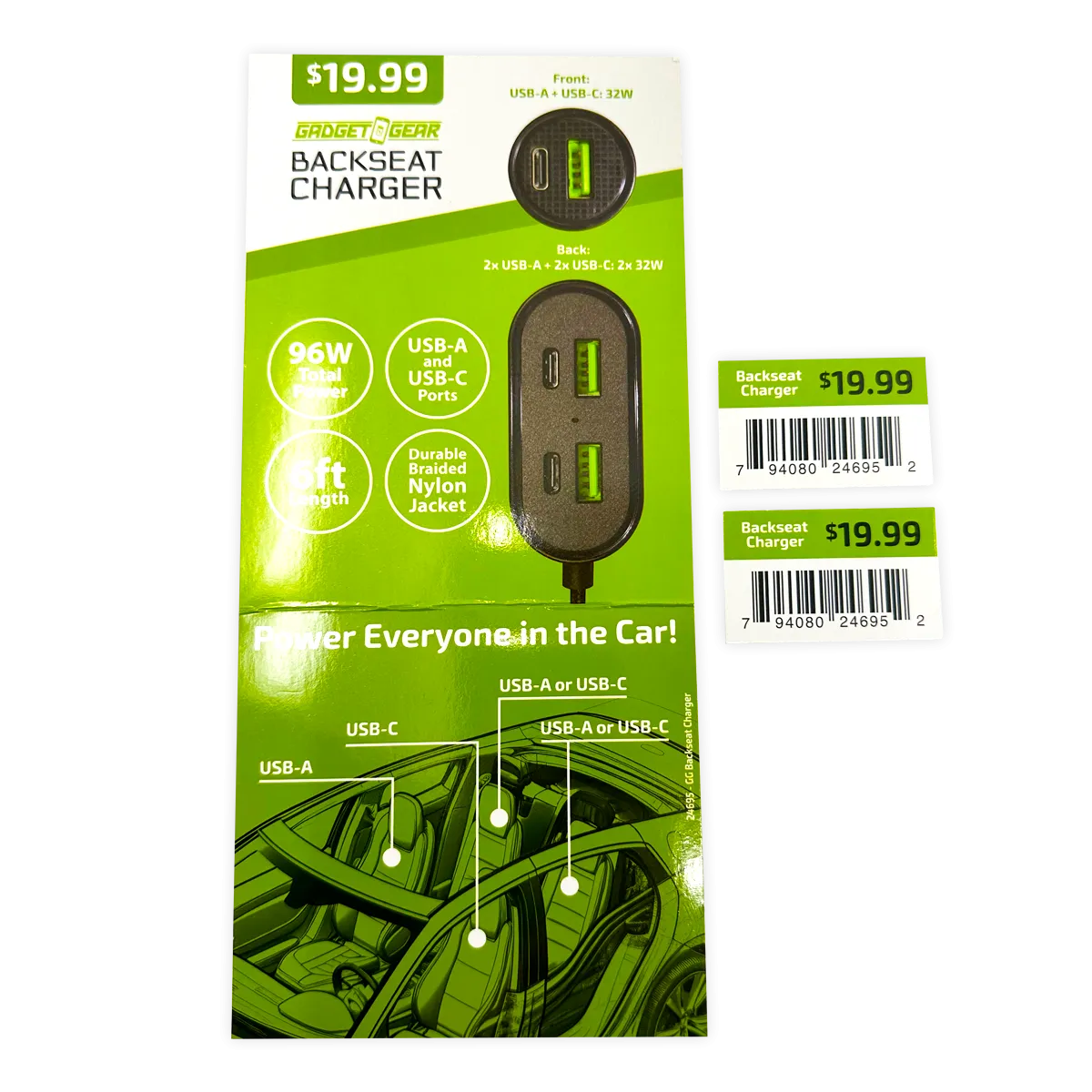 Backseat Car Charger 6 Port USB / USB-C 6FT 96 Watts - 6 Pieces Per Retail Ready Display 24695