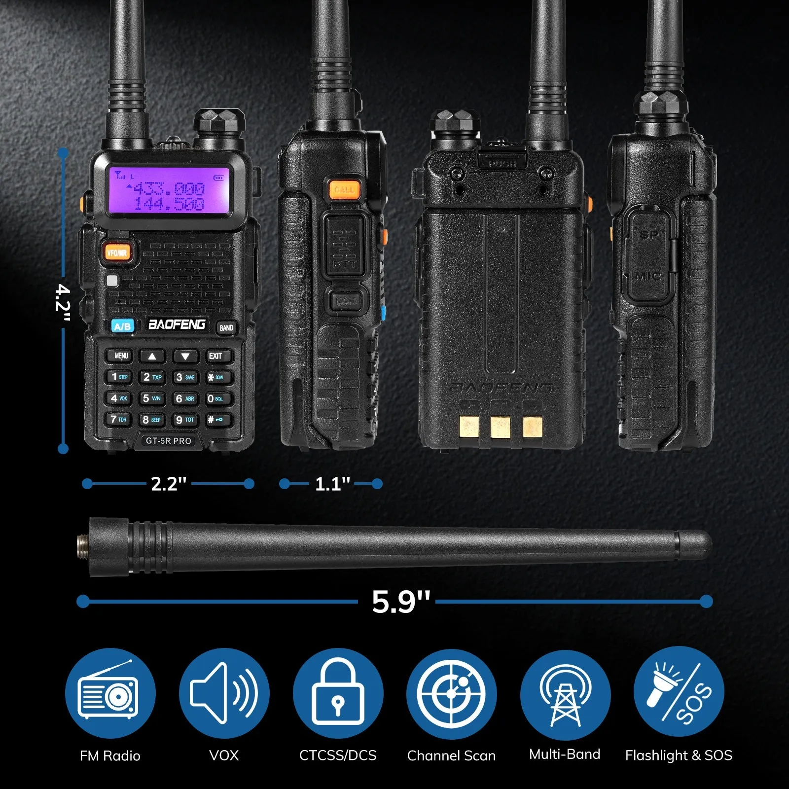 Baofeng GT-5R Pro Ham Radio | 5W | Dual Band  | UHF/VHF/FM/Airband/NOAA Receiver | 128 CH | 1800mAh Battery | Supports CHIRP