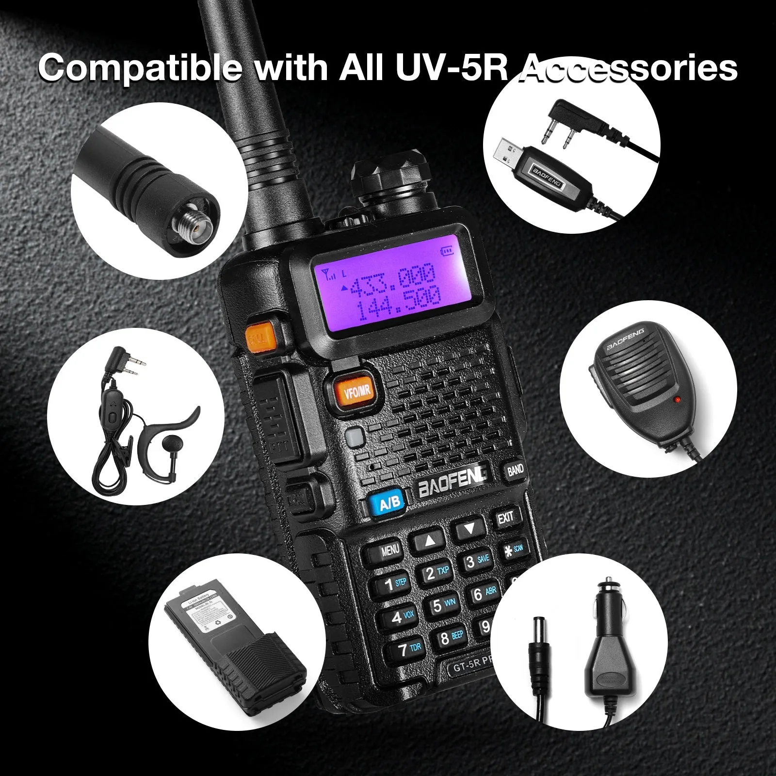 Baofeng GT-5R Pro Ham Radio | 5W | Dual Band  | UHF/VHF/FM/Airband/NOAA Receiver | 128 CH | 1800mAh Battery | Supports CHIRP