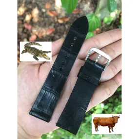 Black Alligator Leather Watch Band For Men | Premium Crocodile Quick Release Replacement Wristwatch Strap | DH-09