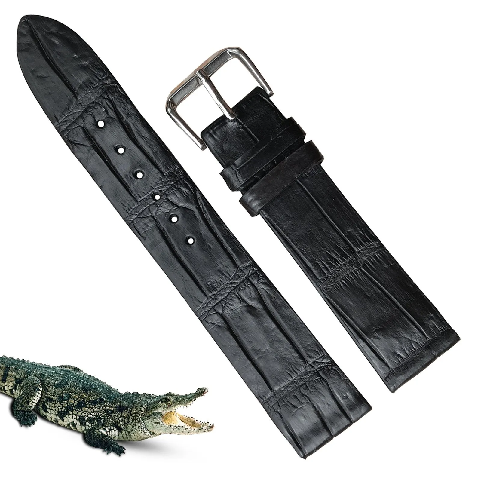 Black Alligator Leather Watch Band For Men | Premium Crocodile Quick Release Replacement Wristwatch Strap | DH-09