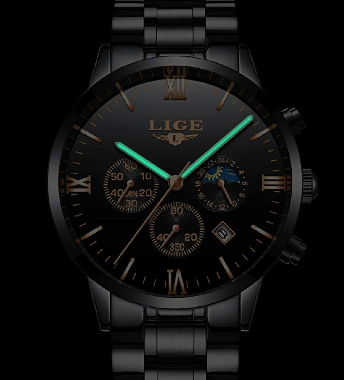 Black Glow in the Dark Men's Luxury Business Quartz Watch. Fashion Analog Chronograph Wrist Watch