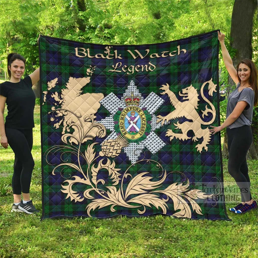 Black Watch Tartan Quilt with Family Crest and Scottish Symbol Style