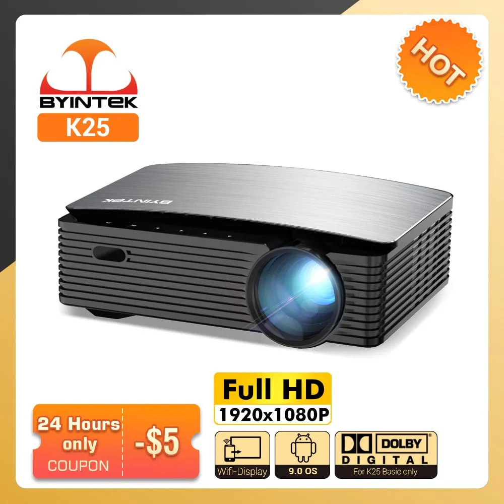 BYINTEK K25 Full HD 4K 1920x1080P LCD Smart Android 9.0 Wifi LED Video Home Theater Cinema 1080P Projector for Smartphone