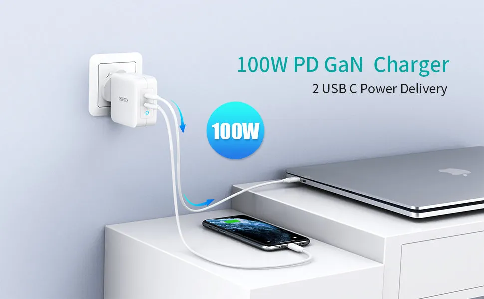 Choetech 100W Dual USB C Port Charger - with CC Cable - White