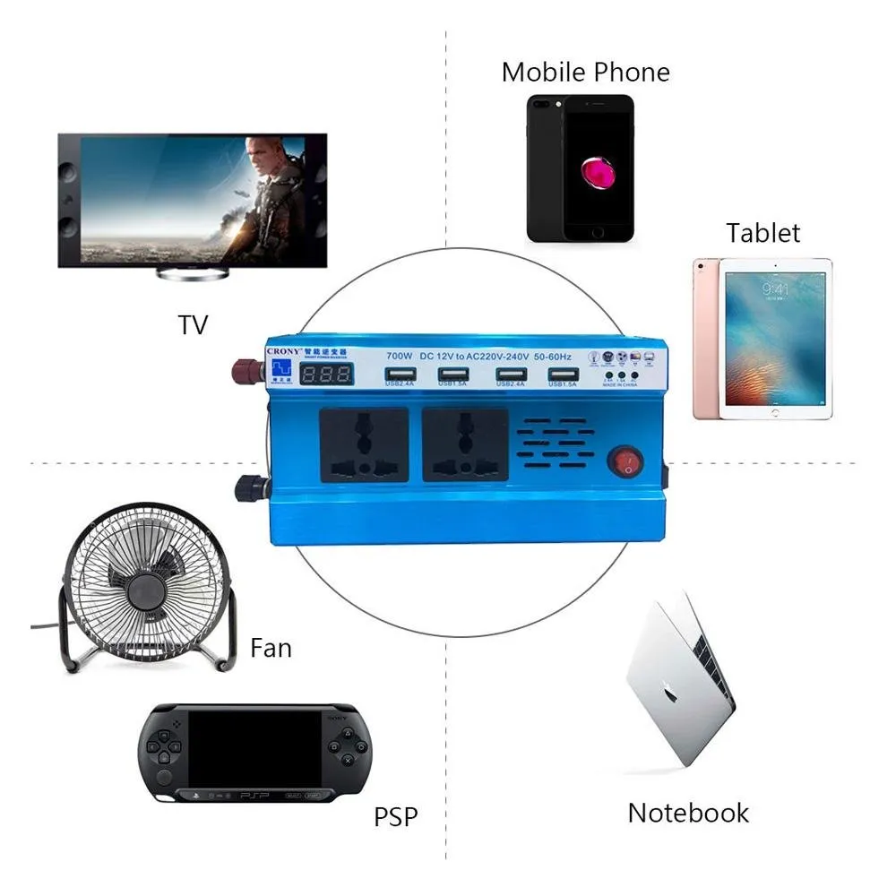 Crony 700W Inverter with Display Screen Car Power Inverter-DC 12V to 220V-240V AC Charging Port Converter Car Charger Adapter 4.2A 4 USB Ports