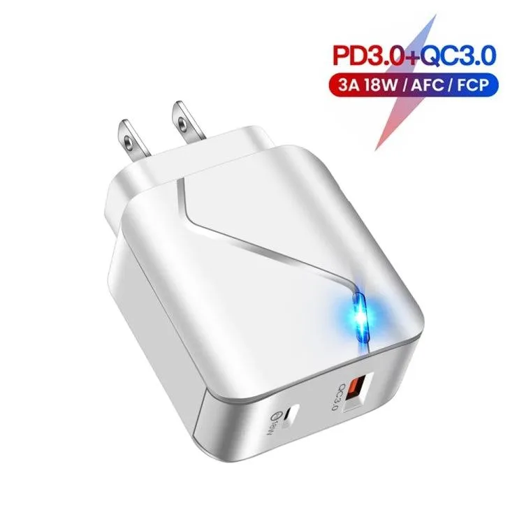 Dual Port QC3.0 & PD 18W USB-C Travel Charger with LED Indicator Light, US Plug