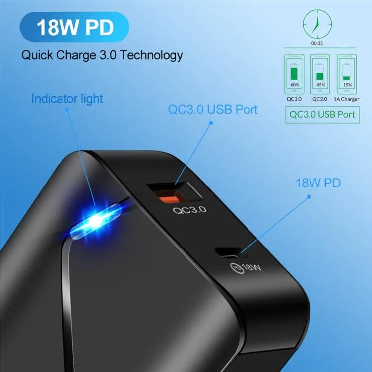 Dual Port QC3.0 & PD 18W USB-C Travel Charger with LED Indicator Light, US Plug