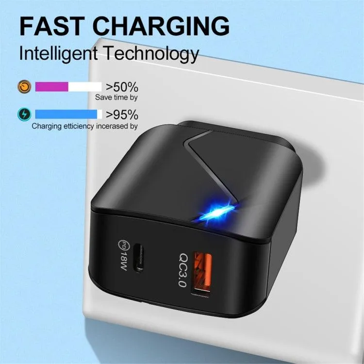 Dual Port QC3.0 & PD 18W USB-C Travel Charger with LED Indicator Light, US Plug