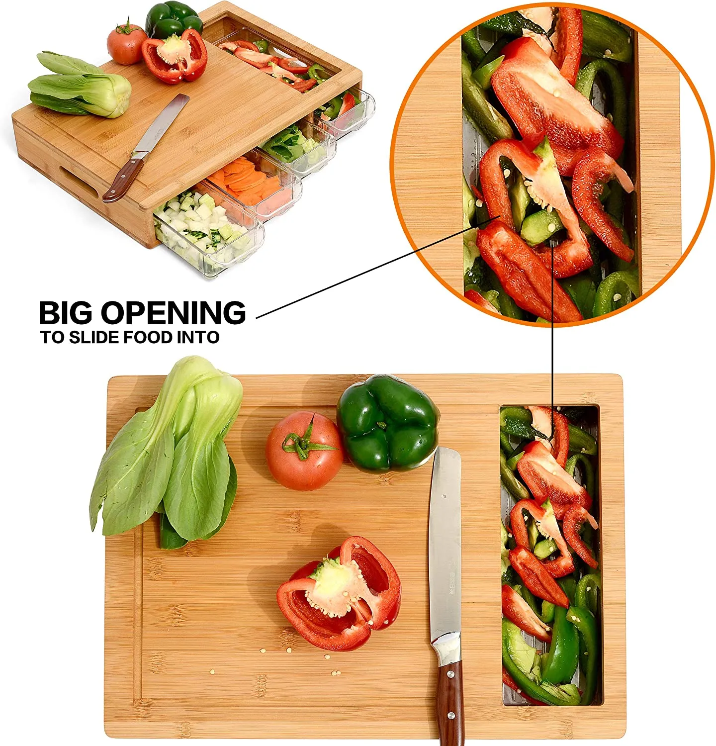 Eco-Friendly Bamboo Cutting Board Set with 4 Containers & Mobile Holder