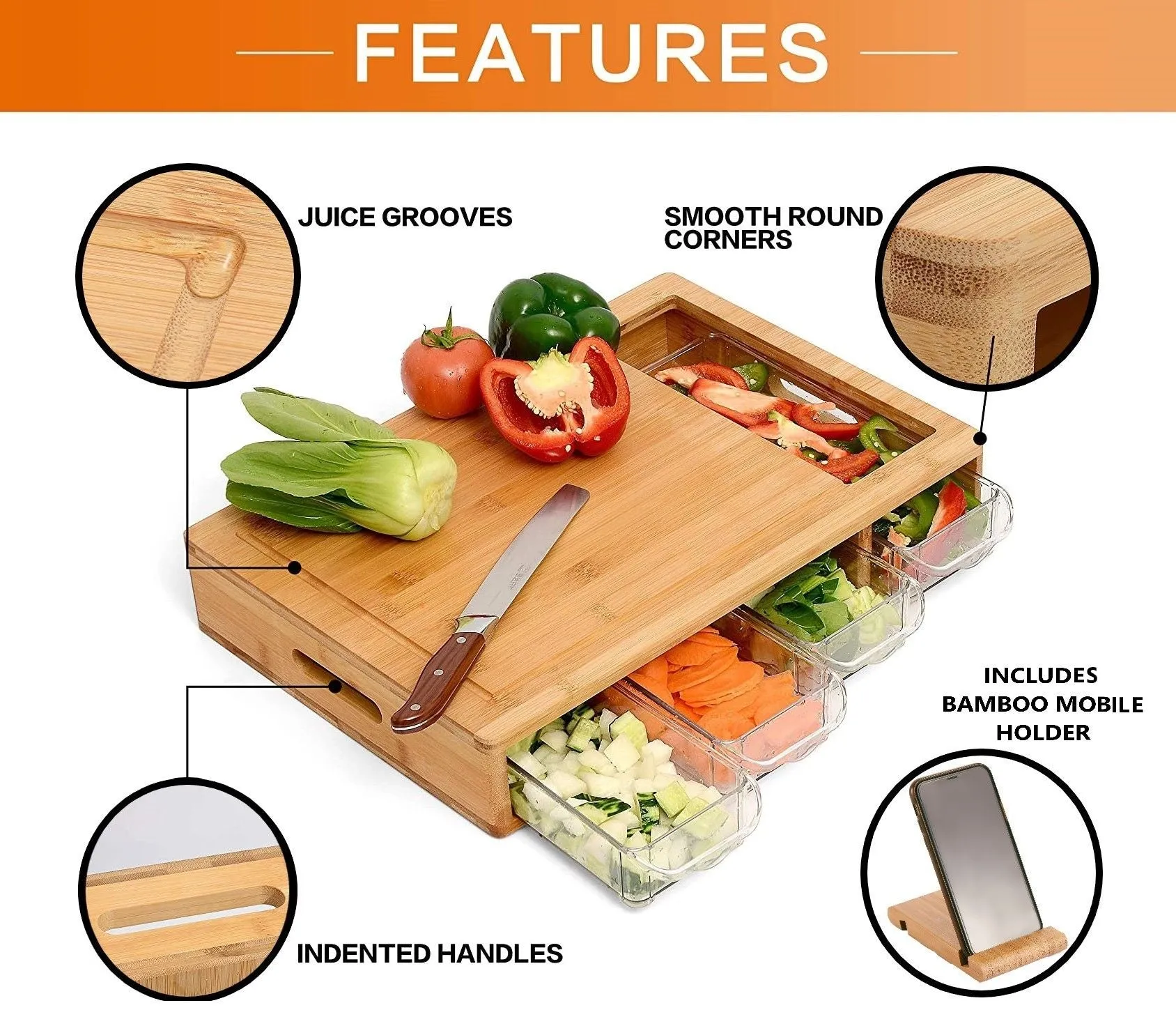 Eco-Friendly Bamboo Cutting Board Set with 4 Containers & Mobile Holder