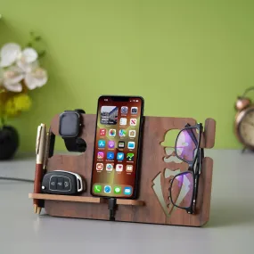 eCraftIndia Brown Wooden Multiutility Mobile, Watch, Specs, Key, Holder Desk Accessory - Ideal for Home, Office, and a Thoughtful Gift for Birthday, Housewarming, Friends, and Professionals