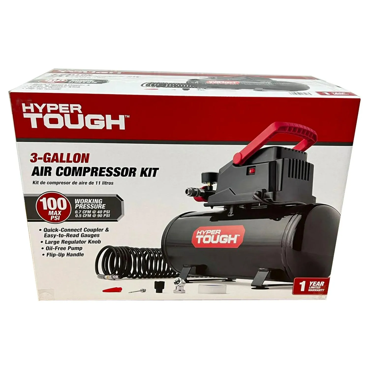 Hyper Tough 508.3012929 Oil-free Portable Air Compressor with Hose 3 Gal 100 PSI Black