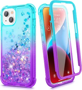 iPhone 14 Case, Glitter Liquid Full Body Rugged Cover Phone Case 13 6.1 ”Gradient Teal