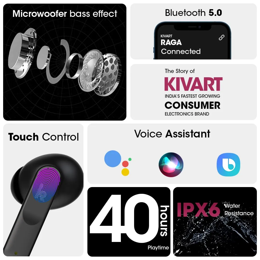 Kivart Raga | Built-in Subwoofer | Splash Charge | Low Latency | 40 Hours Play Time | IPX6 Water Resistant