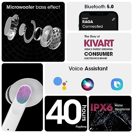 Kivart Raga | Built-in Subwoofer | Splash Charge | Low Latency | 40 Hours Play Time | IPX6 Water Resistant