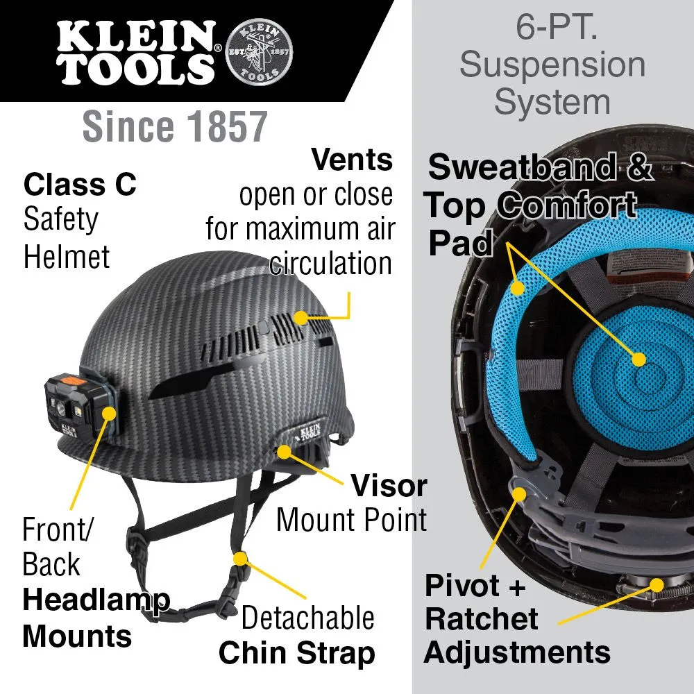 Klein 60517 Safety Helmet, Premium KARBN Pattern, Vented, Class C, Headlamp