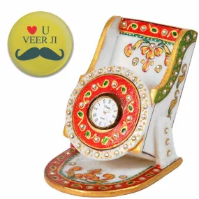 Little India Kundan Meenakari Marble Mobile Stand with Clock and Fridge Magnet (12.7 cm x 10.16 cm,HCF278)