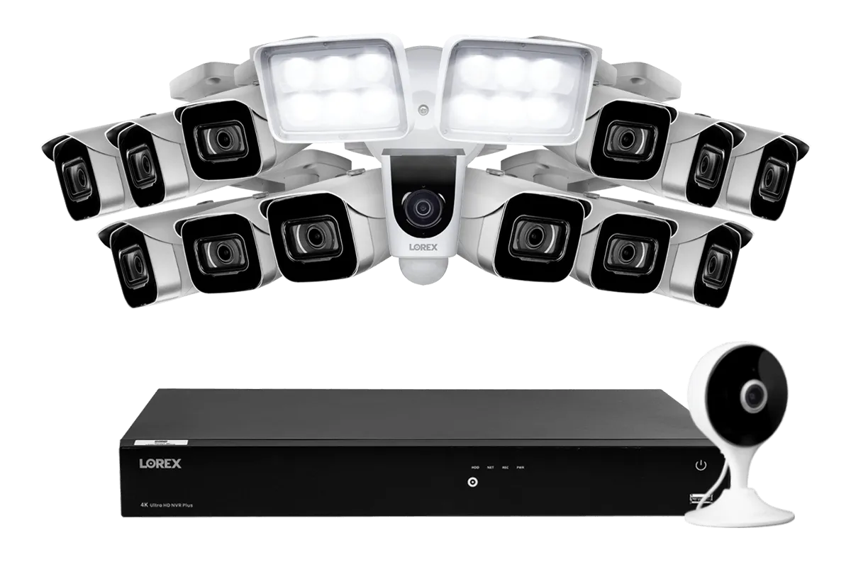 Lorex Fusion 4K (16 Camera Capable) 3TB Wired NVR System with 8 IP Bullet Cameras, One 1080P Floodlight and One 2K Indoor Wi-Fi Camera