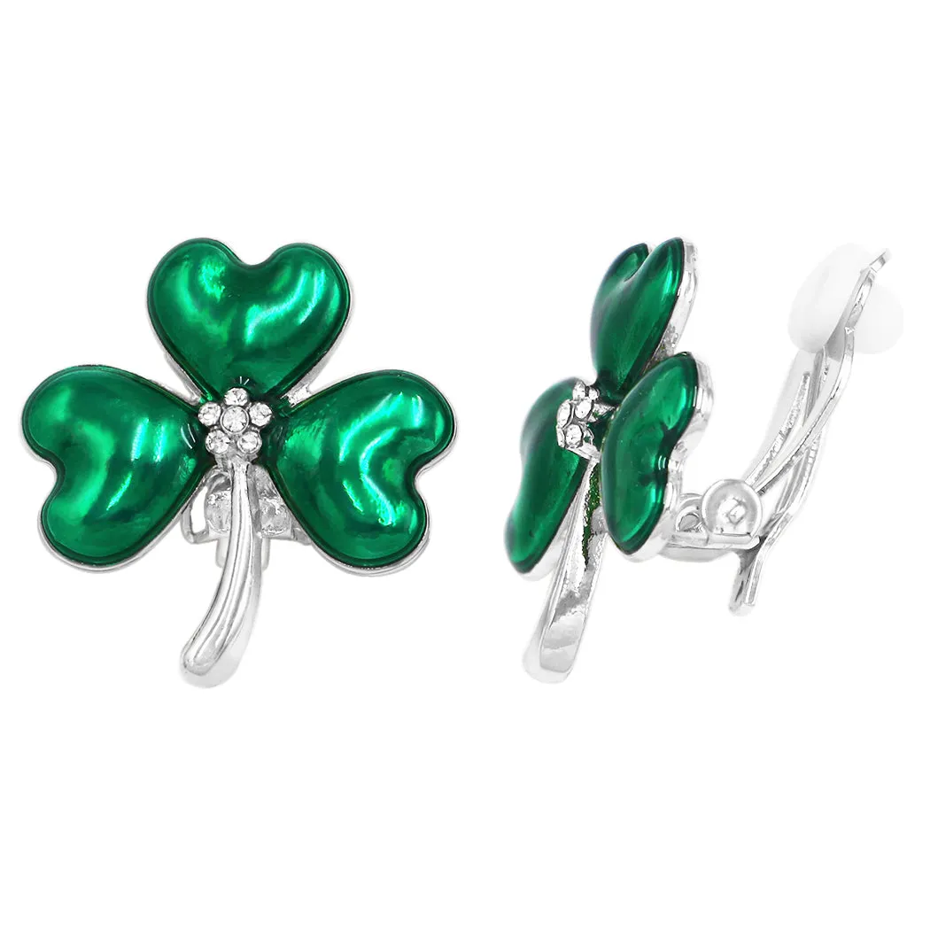 Lucky Shamrock 3 Leaf Clover St Patrick's Day Enamel With Crystal Rhinestone Center Clip On Earrings, 1"