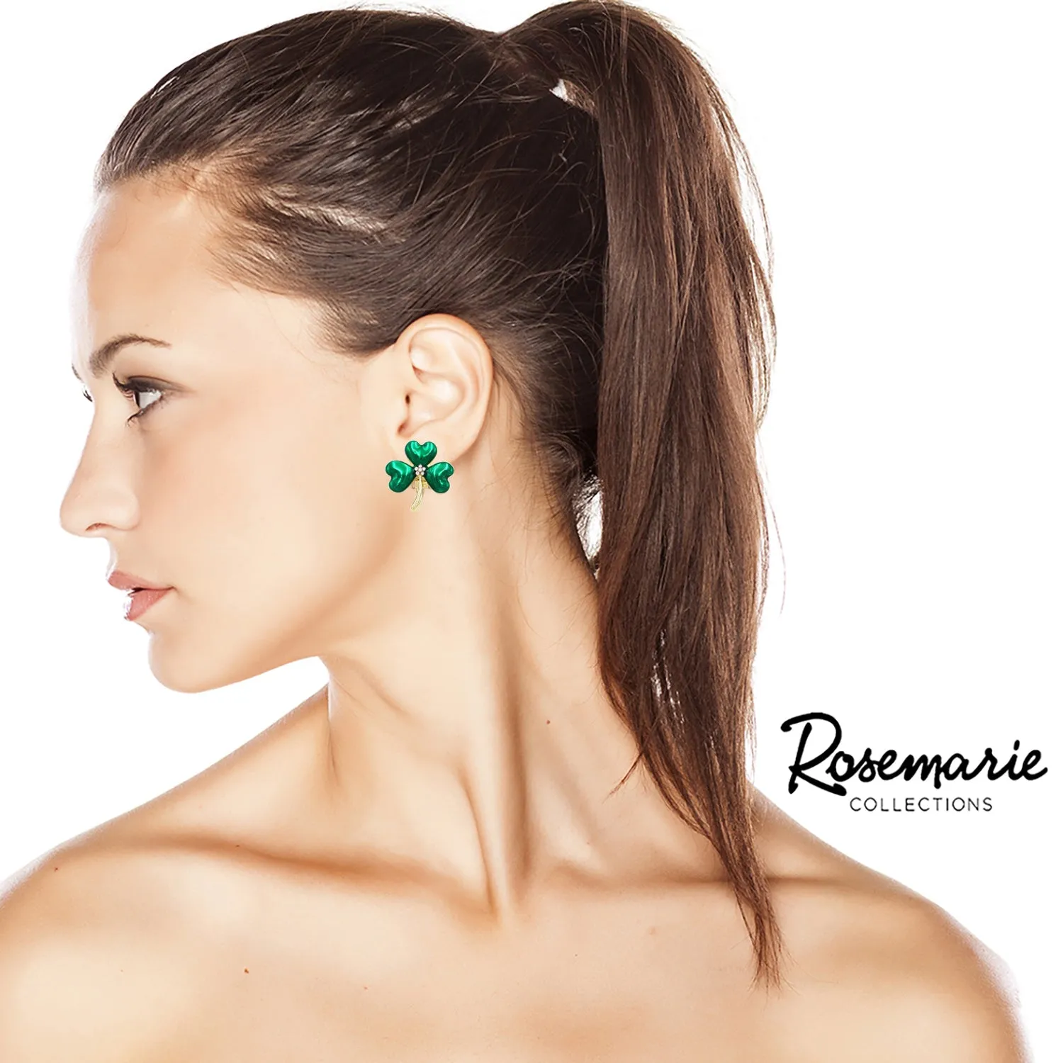 Lucky Shamrock 3 Leaf Clover St Patrick's Day Enamel With Crystal Rhinestone Center Clip On Earrings, 1"