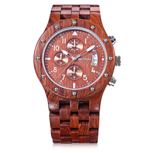 Luxury Men Wooden Quartz Watch BEWELL Japan Movt Three Working Sub-dial Date Display Wristwatch Multi-function Relogio Masculino