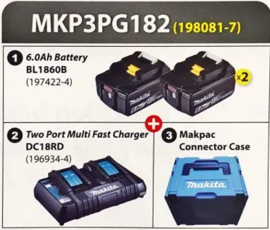 Makita 18V X 6.0Ah Battery Combo Kit with Double Port Charger | Model : M*198081-7 (MKP3PG182)