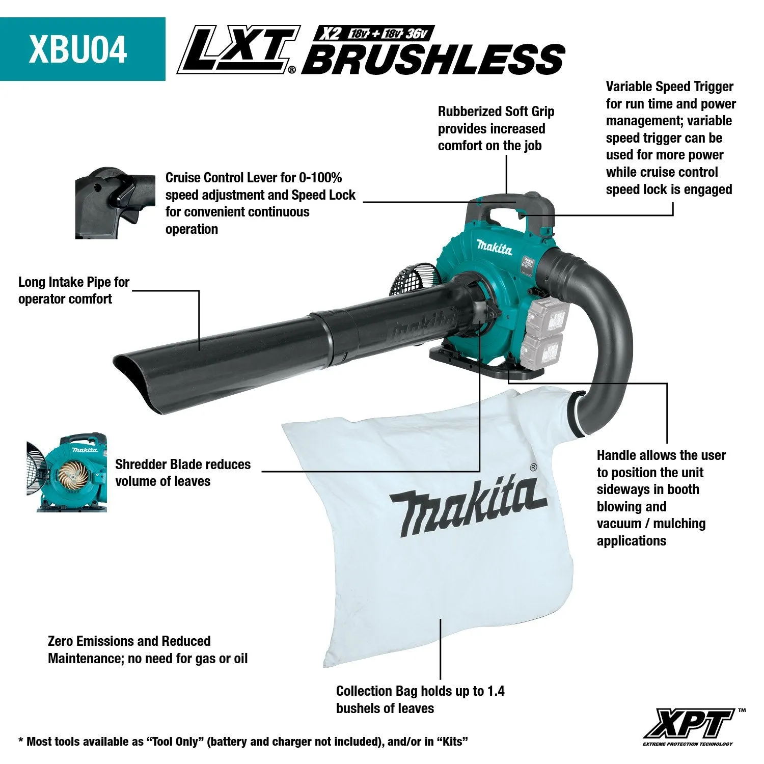 Makita (XBU04PTV) 36V (18V X2) LXT® Brushless Blower Kit w/Vacuum Attachment Kit (5.0Ah)