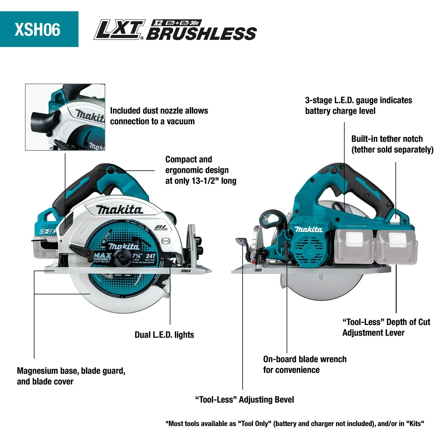 Makita (XSH06PT) 36V (18V X2) LXT® Brushless 7-1/4" Circular Saw Kit, blade right, dual port charger, bag (5.0Ah)