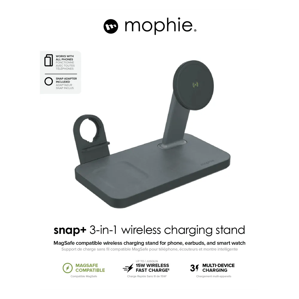 mophie Snap Plus MagSafe 3 in 1 Wireless Charging Stand Black by mophie