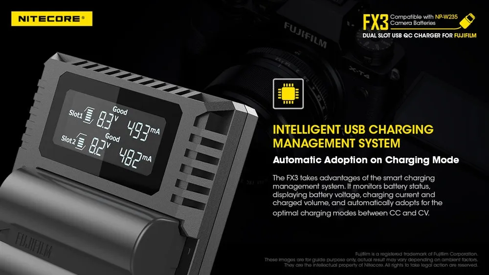 Nitecore FX3 2-Slot USB-C QC Camera Battery Charger for Fujifilm X-T4