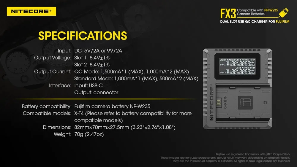 Nitecore FX3 2-Slot USB-C QC Camera Battery Charger for Fujifilm X-T4