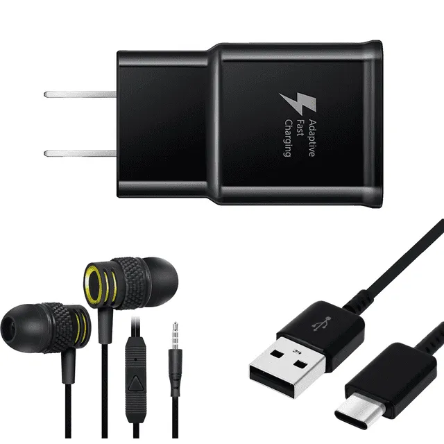 OEM EP-TA20JBEUGUS 15W Adaptive Fast Wall Charger for Samsung Galaxy Tab A7 Lite Includes Fast Charging 10FT USB Type C Charging Cable, and 3.5mm Earphone with Mic – 3 Items Bundle - Black